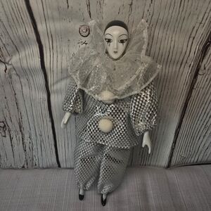 Royal Heirloom Collection 10" Porcelain Clown Doll – Black & Silver Vintage